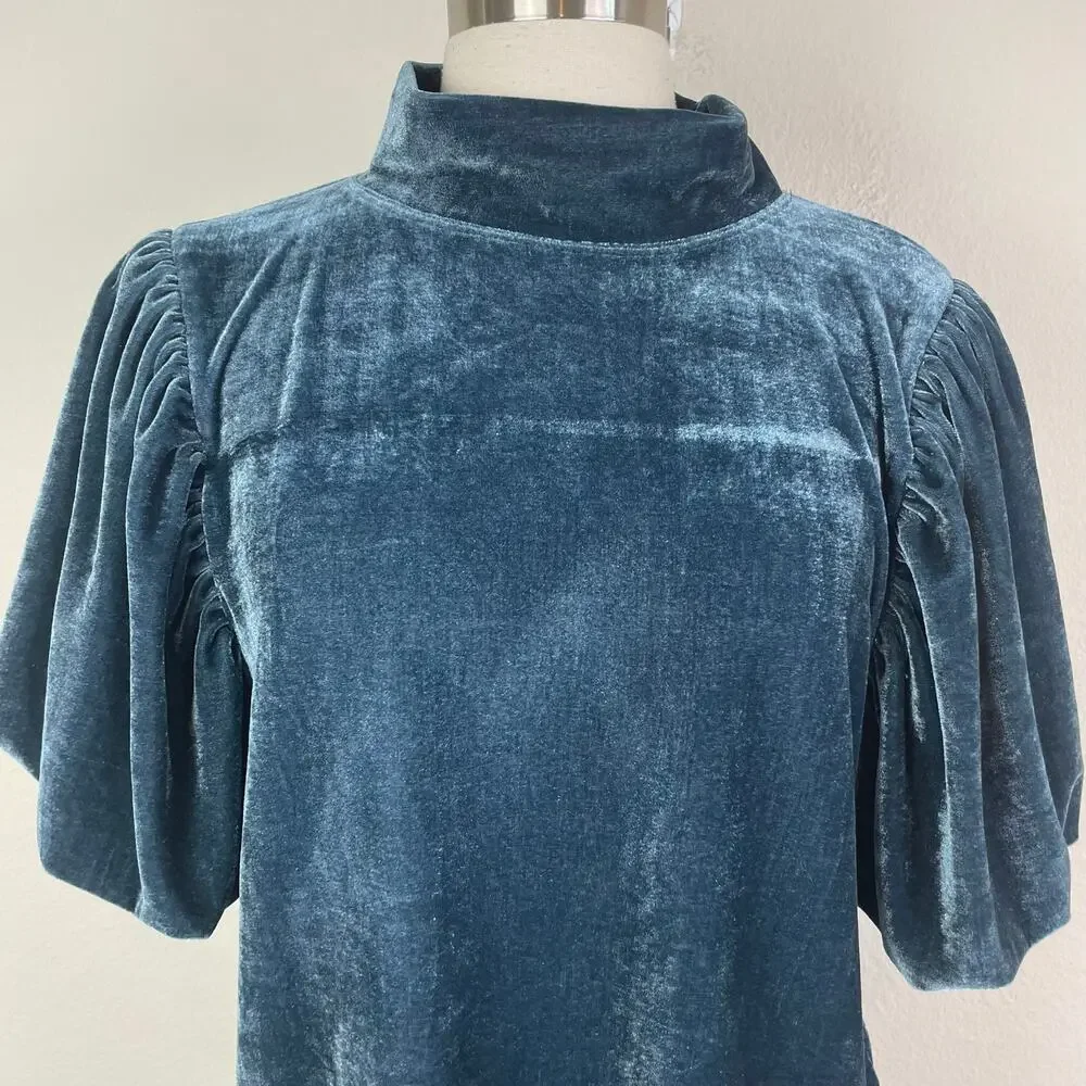 Free People Blue Velvet Claudia Puff Sleeve Short Sleeve Top Large
